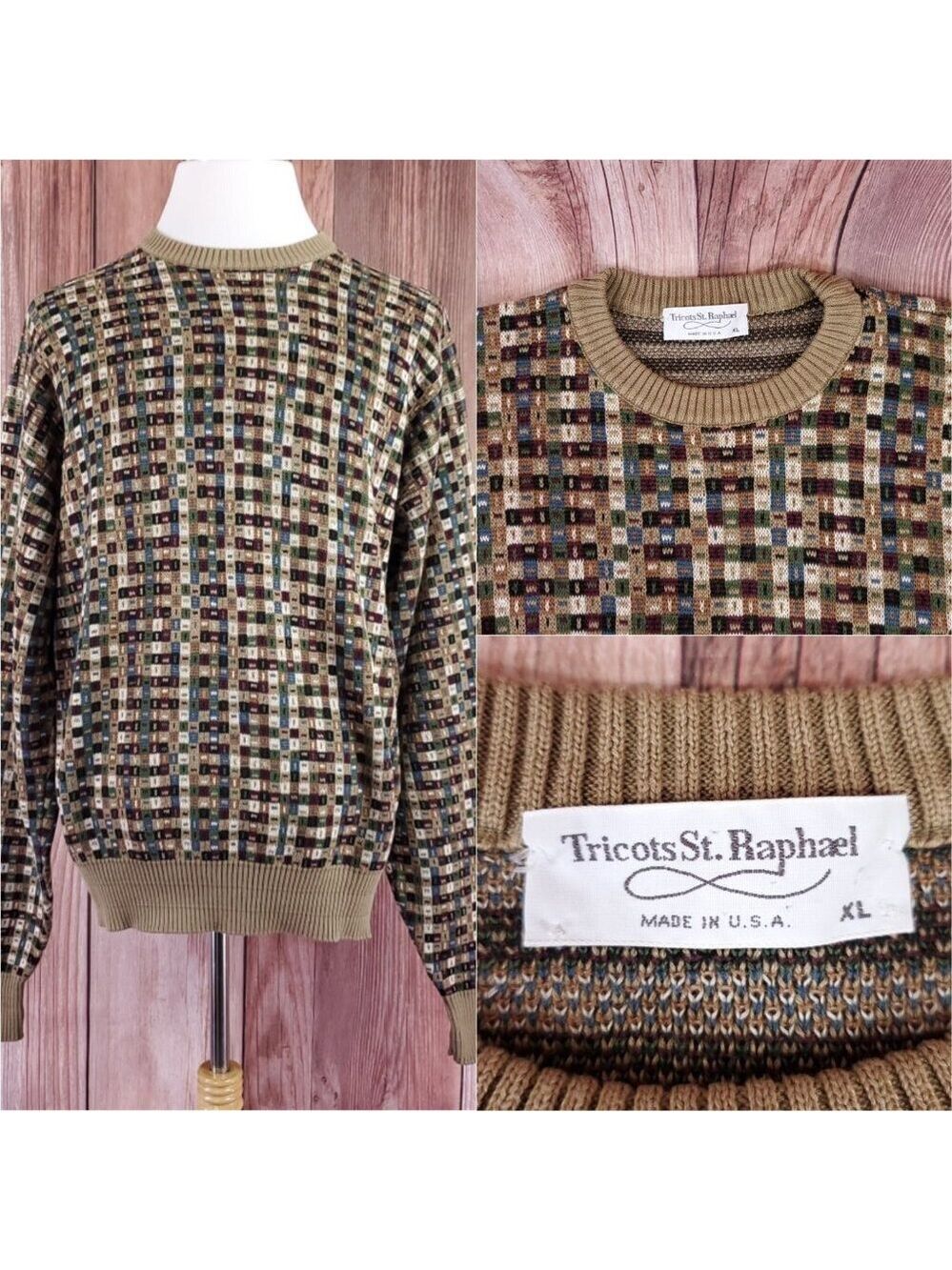 Vtg Tricots St Raphael Sweater Men XL Geometric Abstract Grandpa Coogi Style USA